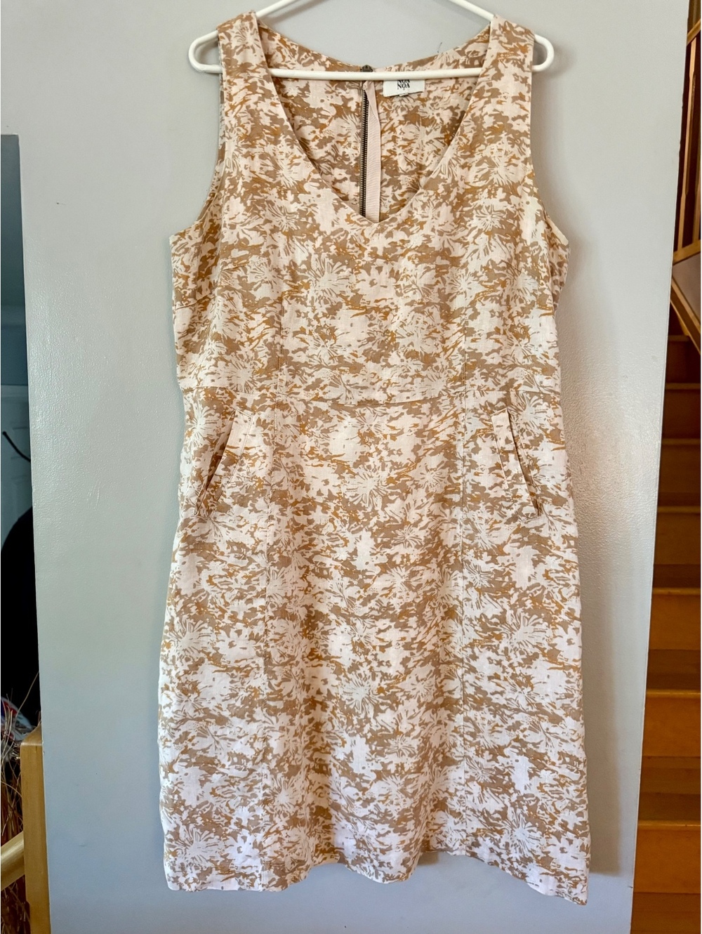 Noa Noa "Rose" Linen Dress Abstract Tan Floral V-Neck Shift Pockets XL